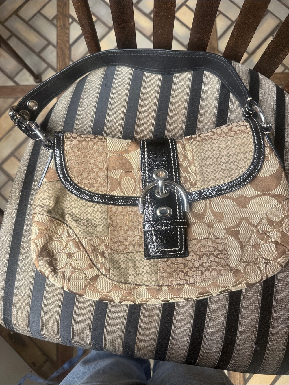 Coach Patchwork Signature Shoulder Bag in Beige and Black Trim